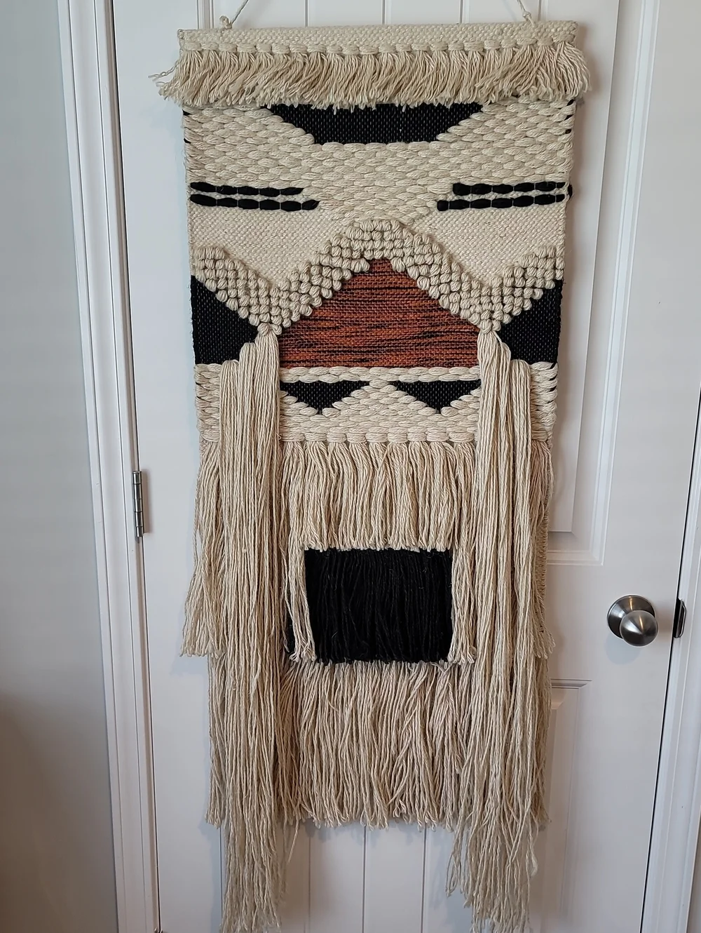 India Woven Jute Boho Wall Hanging - Neutral Cream, Black & Burnt Orange MCM